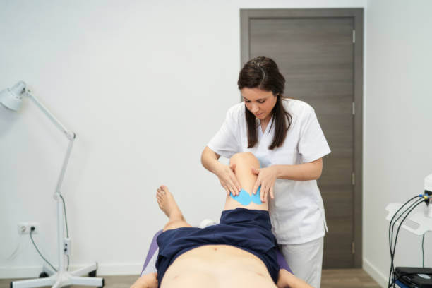 physiotherapist treating the patient's knee with neuromuscular taping